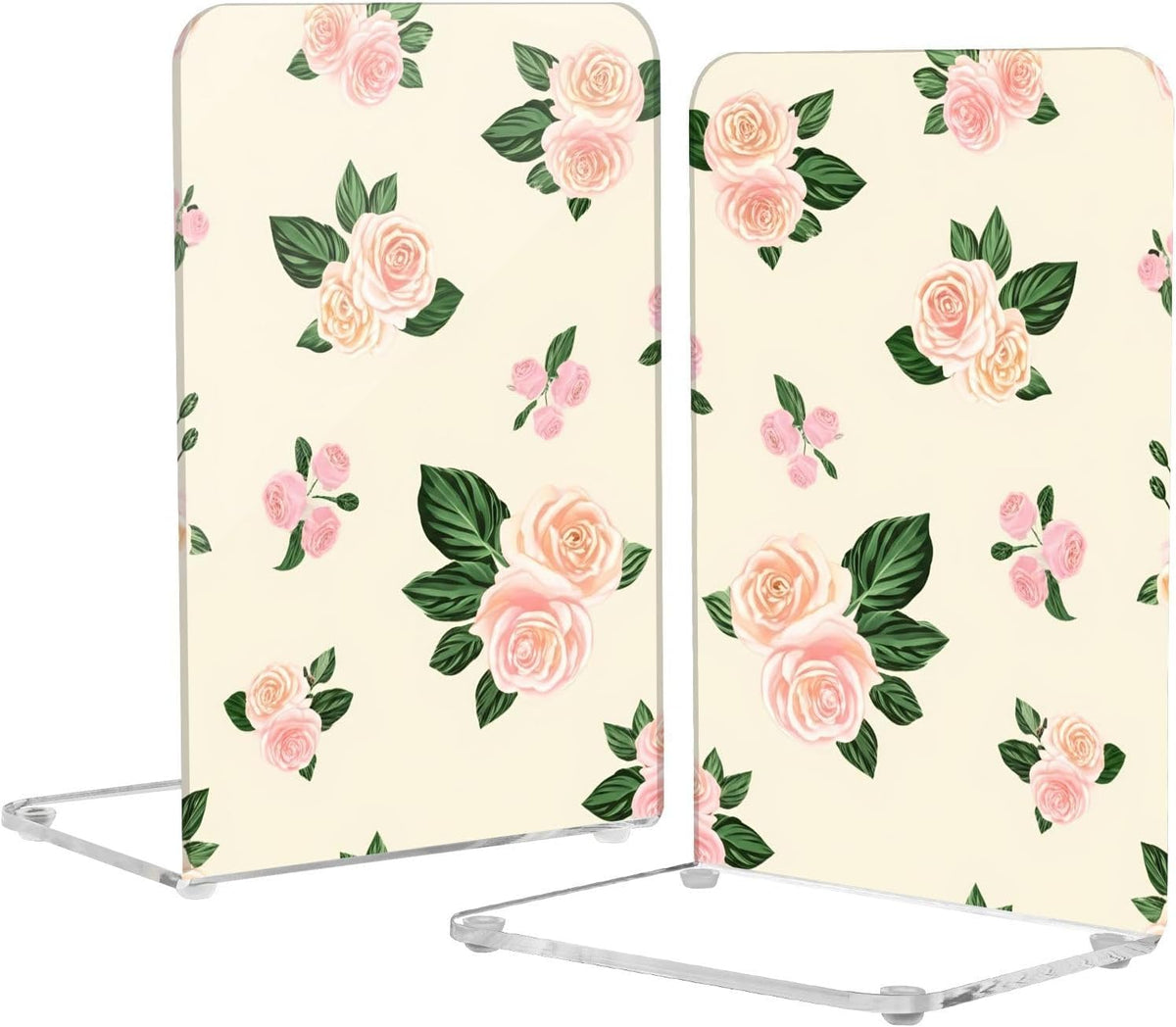 Light Pink Flowers Acrylic Bookends Book Holder for Shelves 5.4 x 4.1 x 8.1 Inch Height Sturdy Bookends Magazine Holder for Home Office Desk Storage 2 Pack