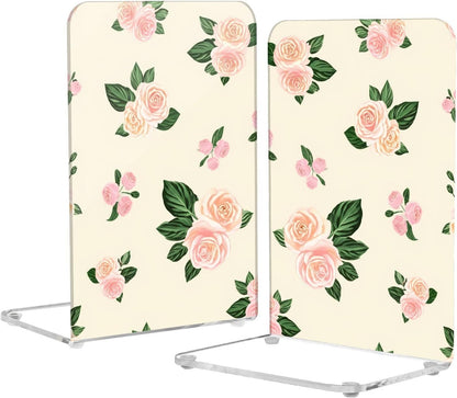 Light Pink Flowers Acrylic Bookends Book Holder for Shelves 5.4 x 4.1 x 8.1 Inch Height Sturdy Bookends Magazine Holder for Home Office Desk Storage 2 Pack