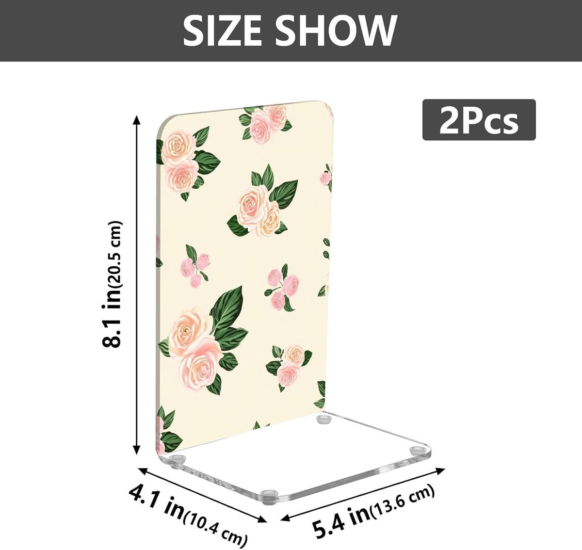 Light Pink Flowers Acrylic Bookends Book Holder for Shelves 5.4 x 4.1 x 8.1 Inch Height Sturdy Bookends Magazine Holder for Home Office Desk Storage 2 Pack