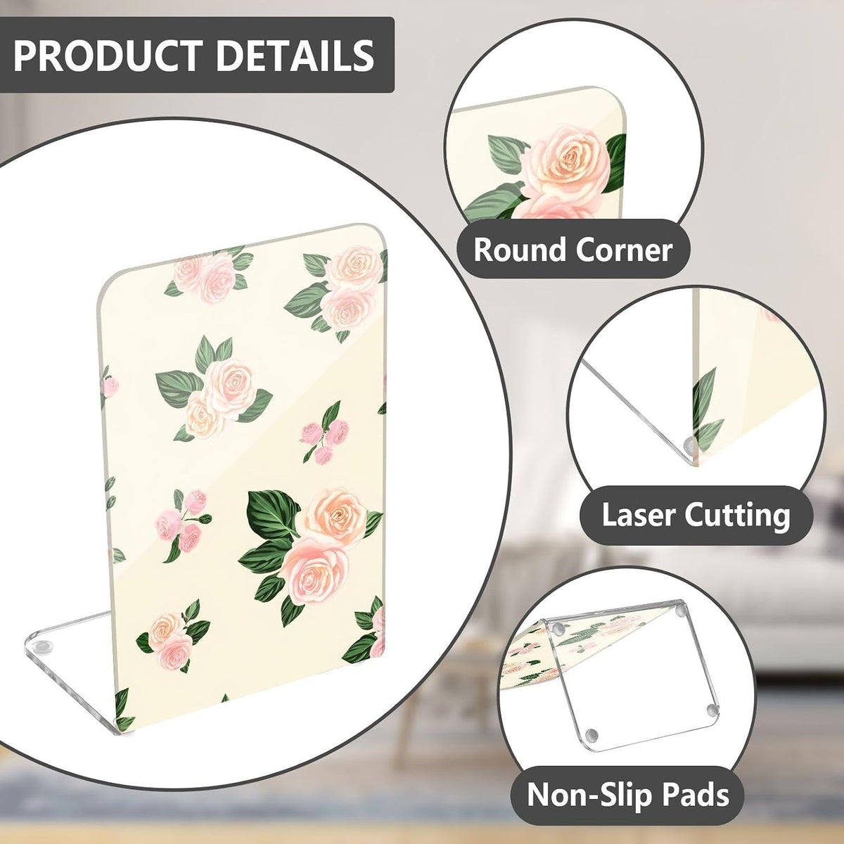 Light Pink Flowers Acrylic Bookends Book Holder for Shelves 5.4 x 4.1 x 8.1 Inch Height Sturdy Bookends Magazine Holder for Home Office Desk Storage 2 Pack