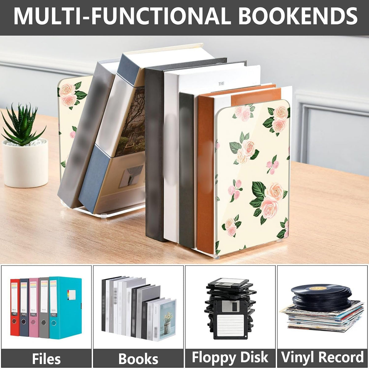 Light Pink Flowers Acrylic Bookends Book Holder for Shelves 5.4 x 4.1 x 8.1 Inch Height Sturdy Bookends Magazine Holder for Home Office Desk Storage 2 Pack
