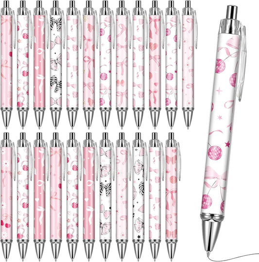 Pink Bow Ballpoint Pens - 24 Pcs Cute Retractable Party Favors