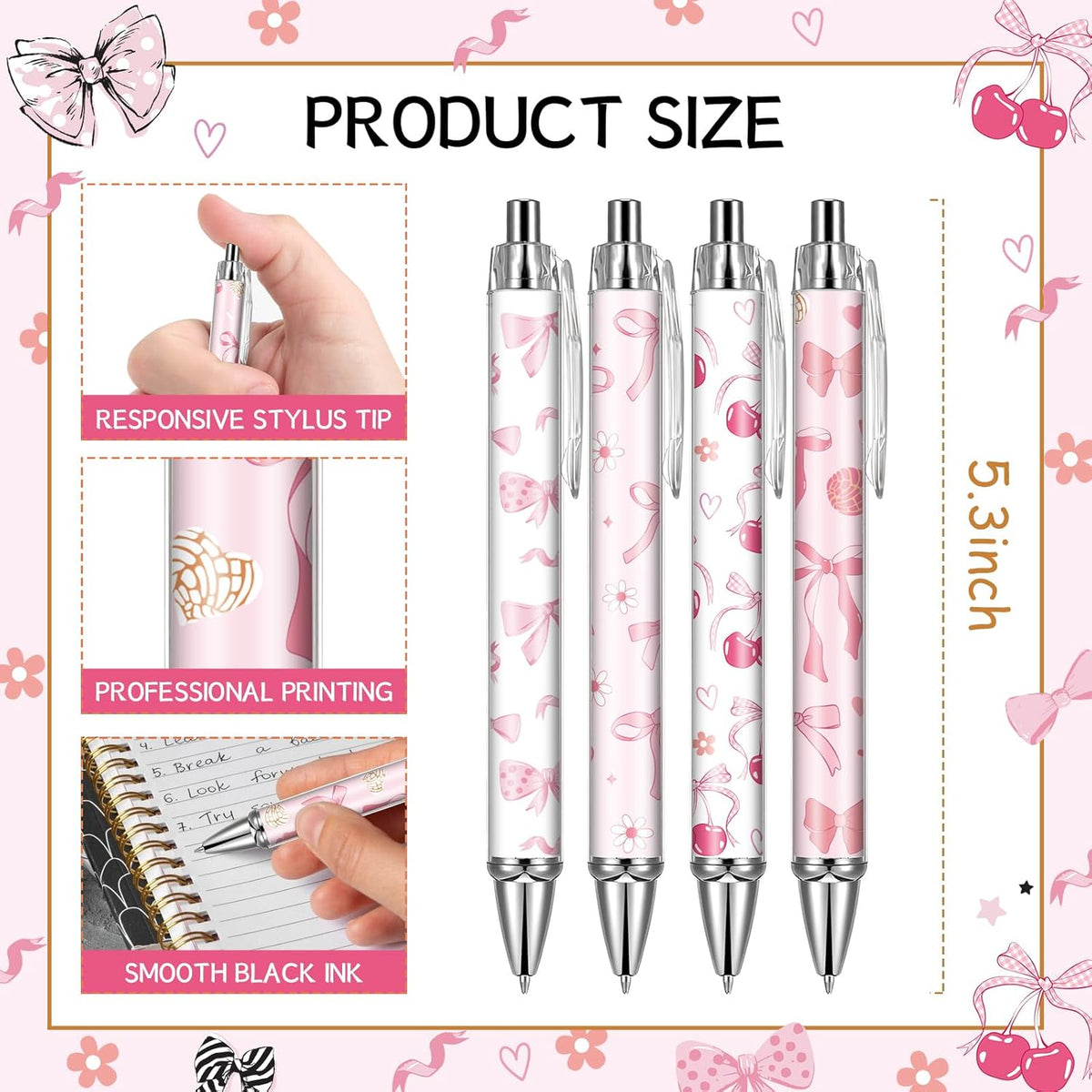 Pink Bow Ballpoint Pens - 24 Pcs Cute Retractable Party Favors