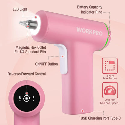 Electric Cordless Screwdriver Set, 4V USB Rechargeable Lithium-ion Battery Power Screwdriver Kit with LED Light, Screw Gun with 28-Piece Accessories for Home, Office, Apartment Repair - Pink