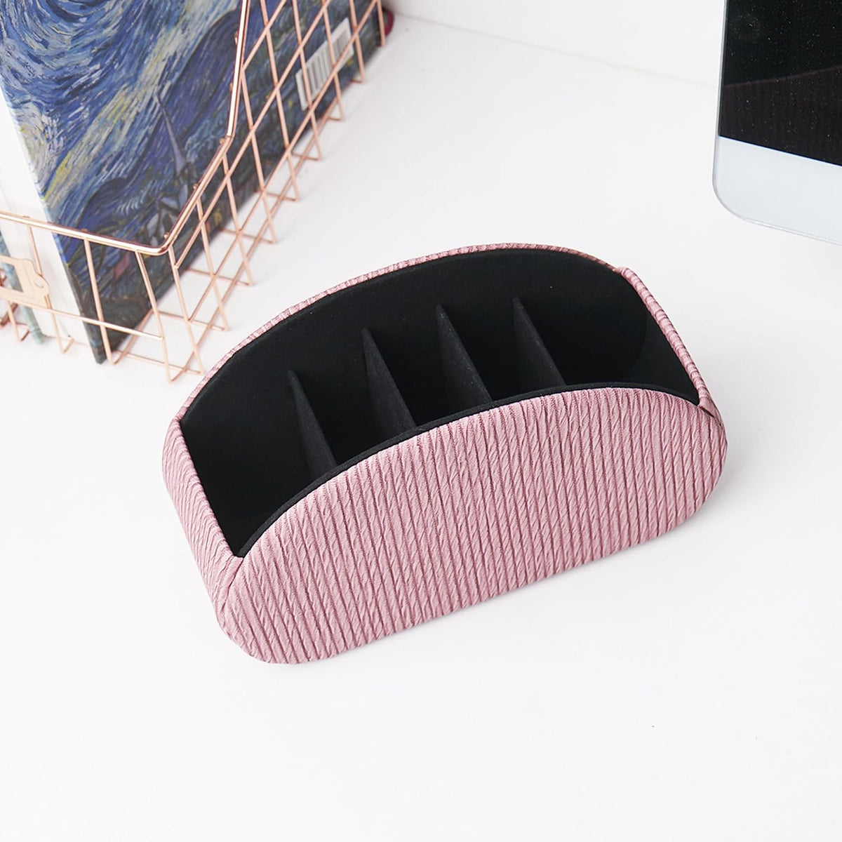 Remote Control Holder, PU Leather Remote Caddy Desktop Organizer with 5 Spacious Compartments for TV Remotes/Media Controllers/Office Supplies (1-Wood Pink