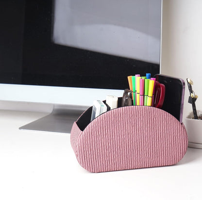 Remote Control Holder, PU Leather Remote Caddy Desktop Organizer with 5 Spacious Compartments for TV Remotes/Media Controllers/Office Supplies (1-Wood Pink