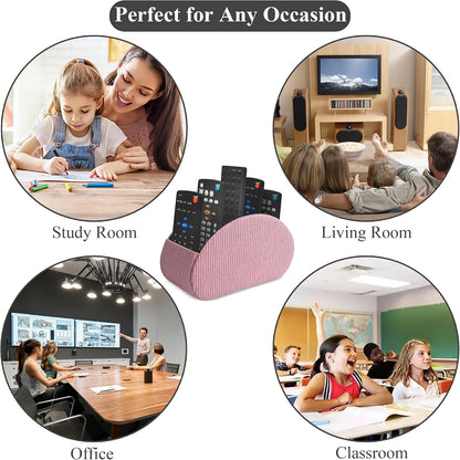 Remote Control Holder, PU Leather Remote Caddy Desktop Organizer with 5 Spacious Compartments for TV Remotes/Media Controllers/Office Supplies (1-Wood Pink