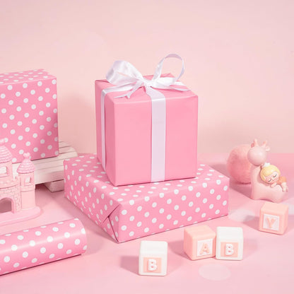 Reversible Wrapping Paper - Pink and Polka Dot Design for Birthday, Holiday, Wedding, Baby Shower Wrap - 30 inch x 33 feet
