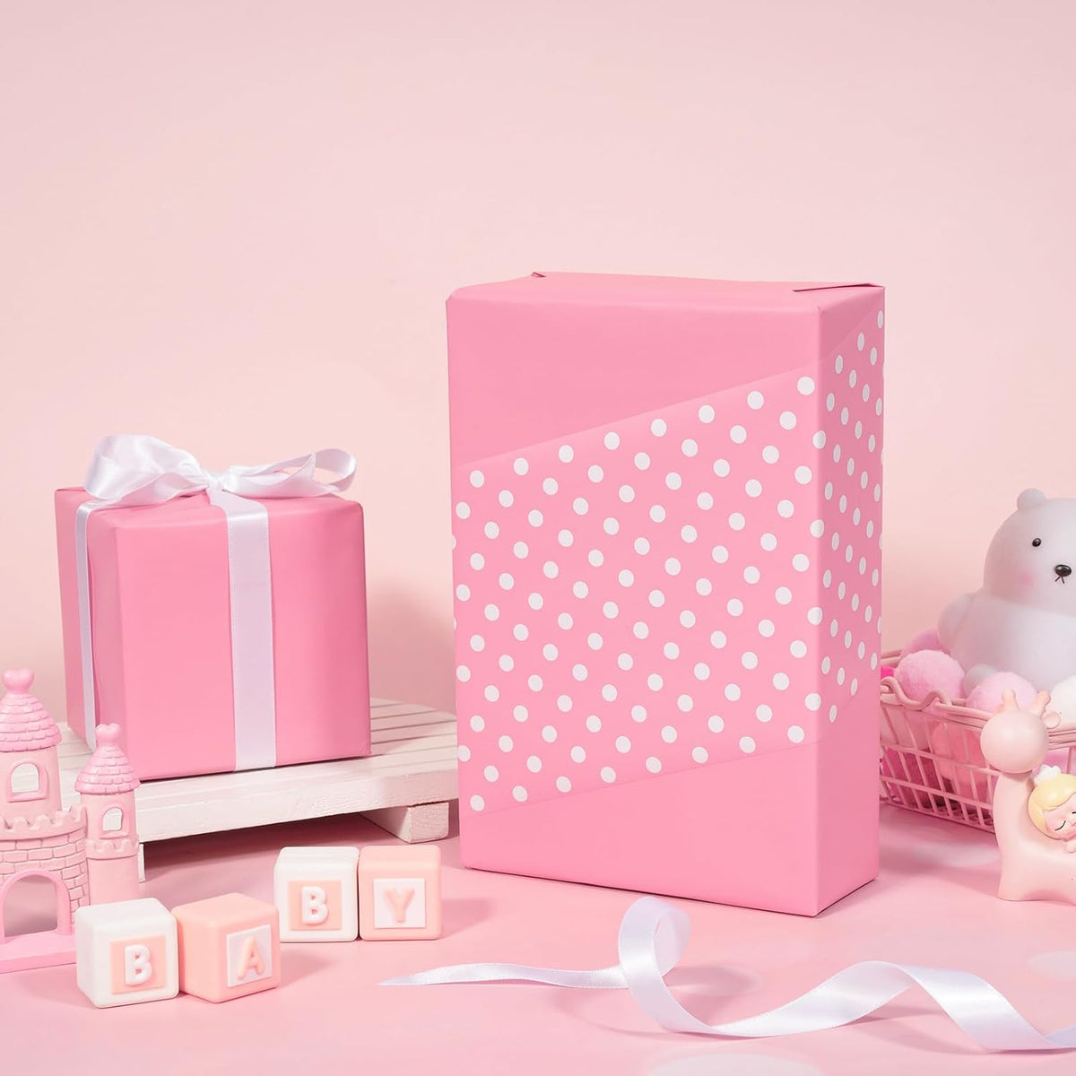 Reversible Wrapping Paper - Pink and Polka Dot Design for Birthday, Holiday, Wedding, Baby Shower Wrap - 30 inch x 33 feet