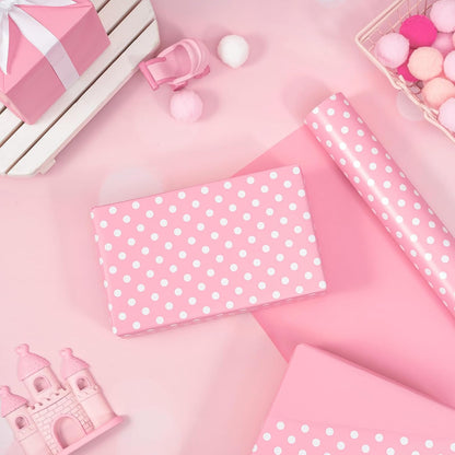Reversible Wrapping Paper - Pink and Polka Dot Design for Birthday, Holiday, Wedding, Baby Shower Wrap - 30 inch x 33 feet