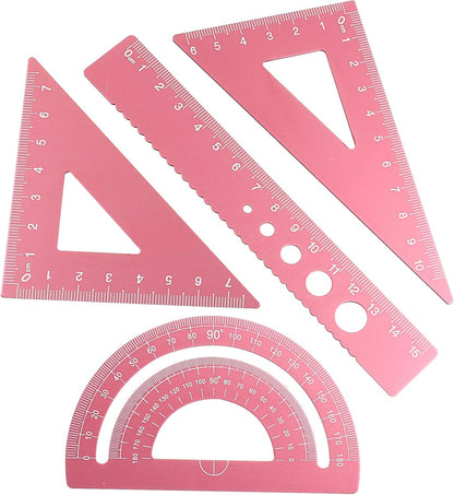 4 Pcs Triangular Ruler Set, Aluminum Alloy, Pink