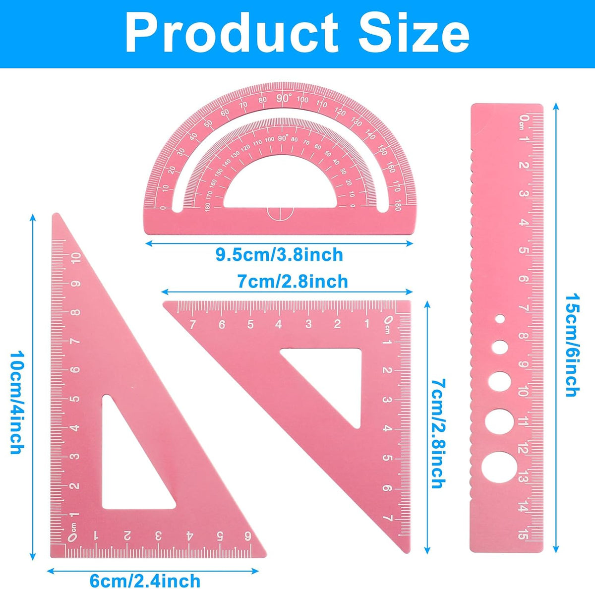 4 Pcs Triangular Ruler Set, Aluminum Alloy, Pink
