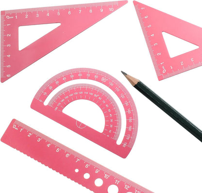 4 Pcs Triangular Ruler Set, Aluminum Alloy, Pink