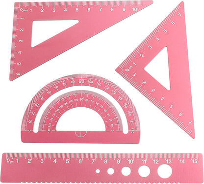 4 Pcs Triangular Ruler Set, Aluminum Alloy, Pink