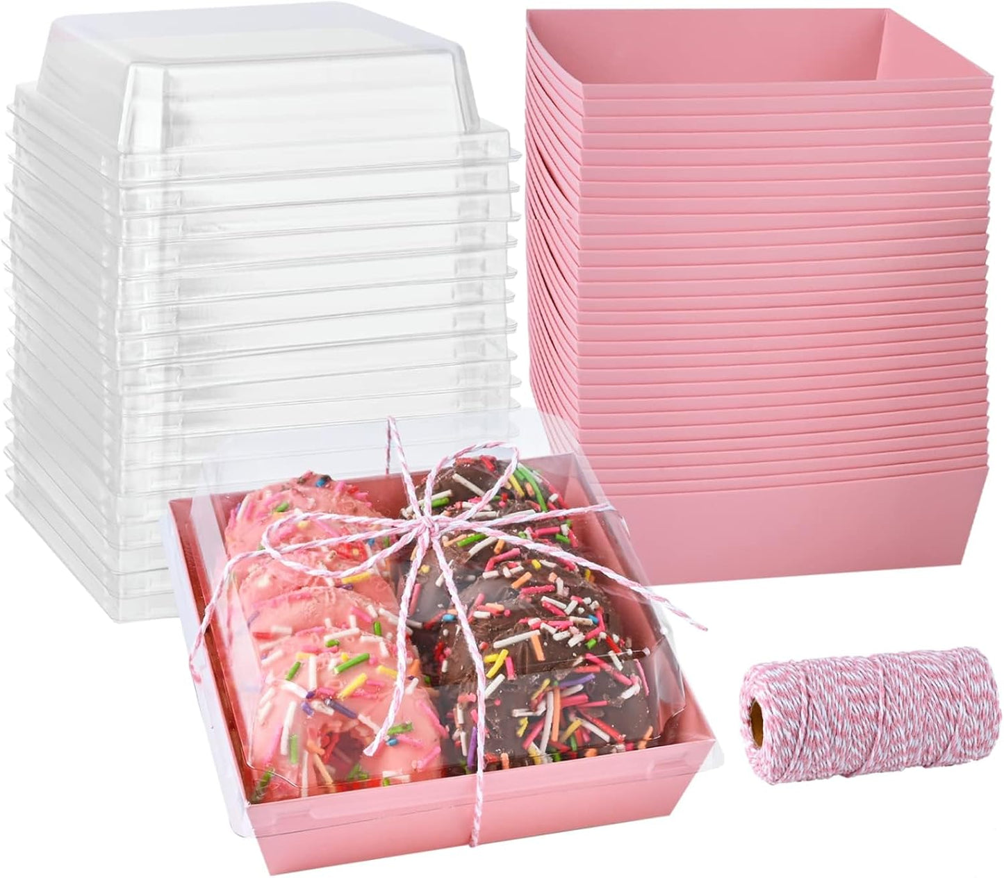 ZORRITA Paper Charcuterie Boxes with Clear Lids, 50 Pack, 5 Inch, Pink | Square To Go Dessert Containers, Small Bakery Boxes, For Cake, Cookies, Sandwich, Strawberries