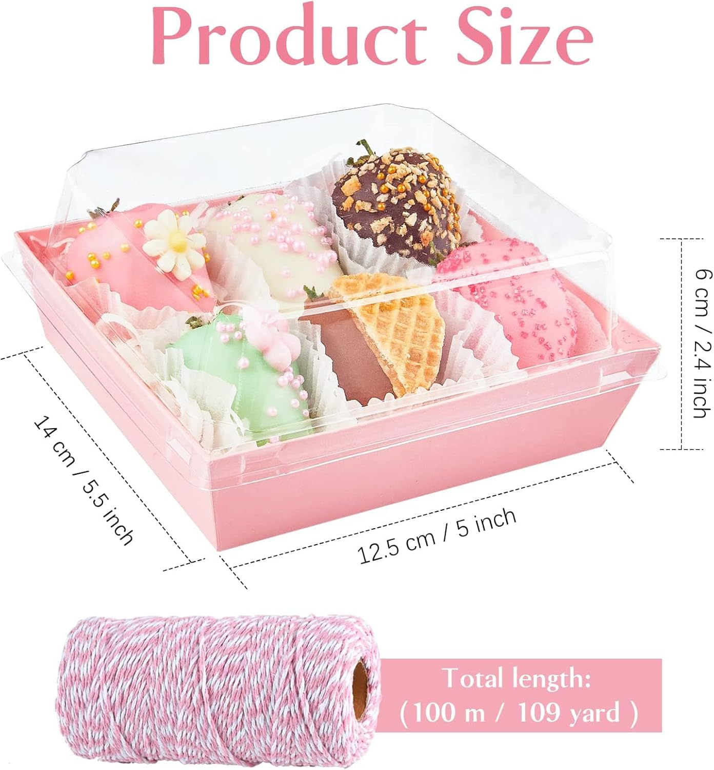 ZORRITA Paper Charcuterie Boxes with Clear Lids, 50 Pack, 5 Inch, Pink | Square To Go Dessert Containers, Small Bakery Boxes, For Cake, Cookies, Sandwich, Strawberries