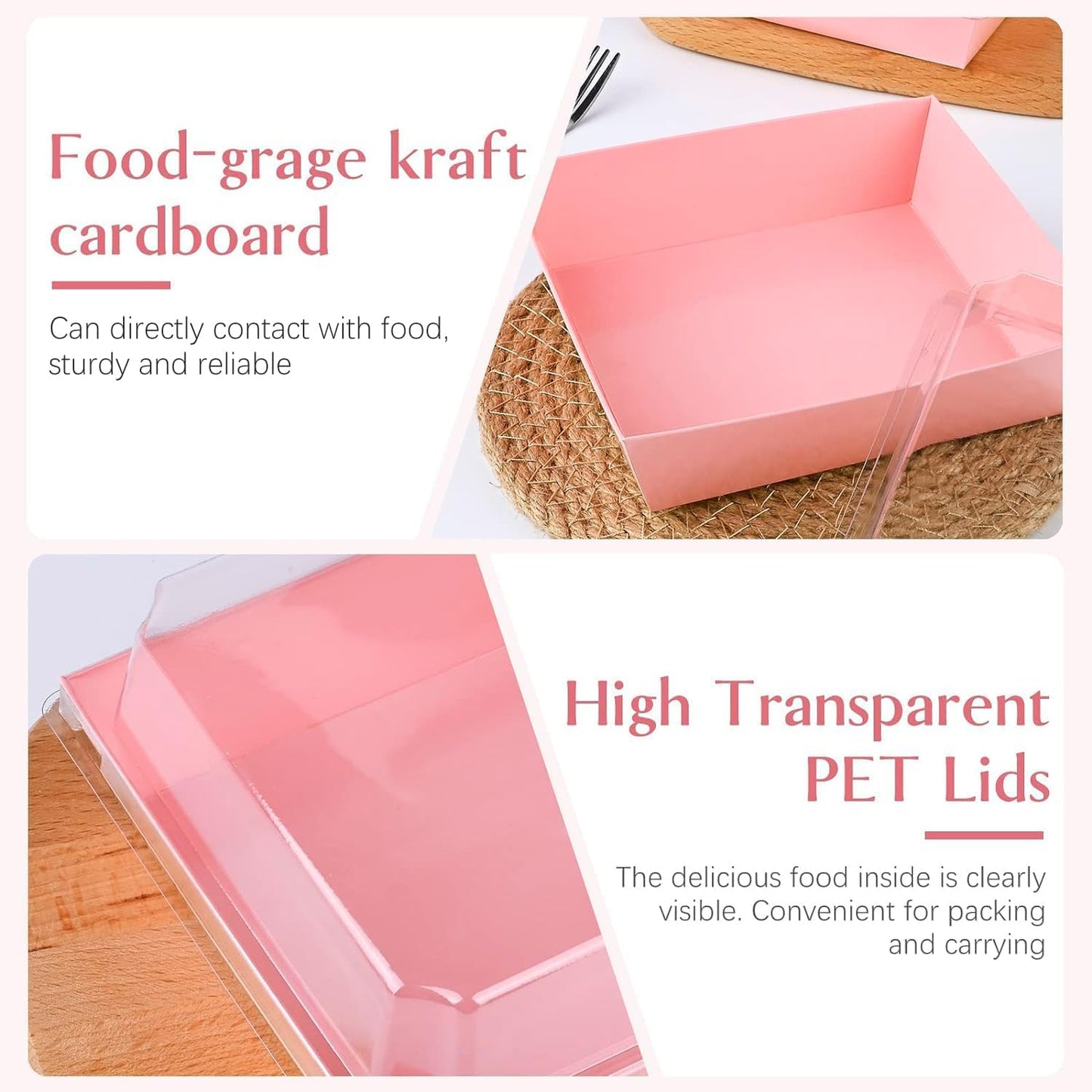 ZORRITA Paper Charcuterie Boxes with Clear Lids, 50 Pack, 5 Inch, Pink | Square To Go Dessert Containers, Small Bakery Boxes, For Cake, Cookies, Sandwich, Strawberries