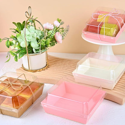ZORRITA Paper Charcuterie Boxes with Clear Lids, 50 Pack, 5 Inch, Pink | Square To Go Dessert Containers, Small Bakery Boxes, For Cake, Cookies, Sandwich, Strawberries