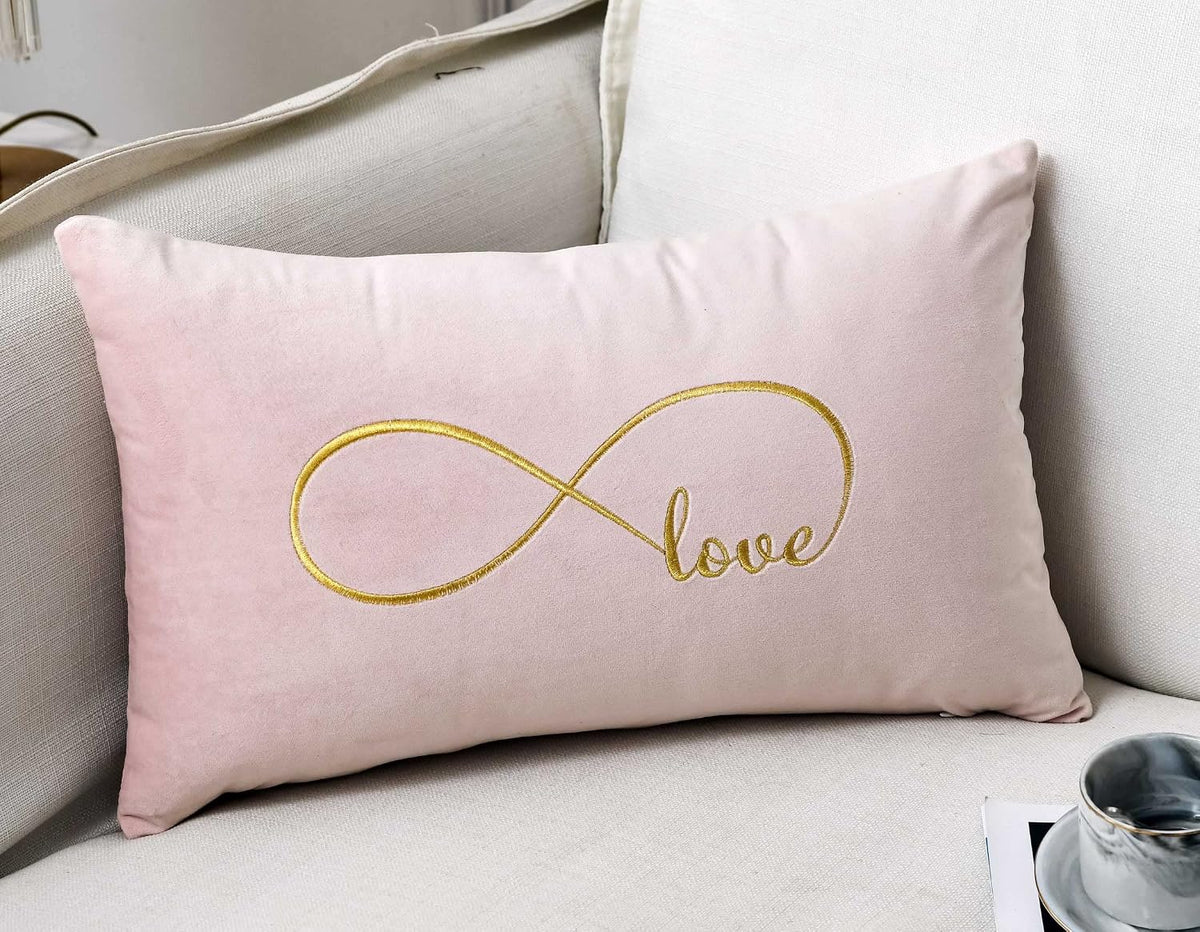 Embroidered Pink Infinity Love Decorative Throw Pillow Cover, Lumbar Love Pillow Cover 12 Inches x 20 Inches Cover Only