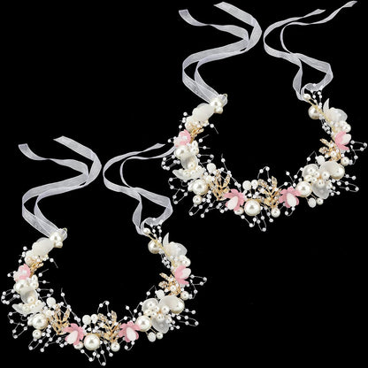 2 Pcs Flower Girl Pearl Headpiece Wedding Communion,Pink