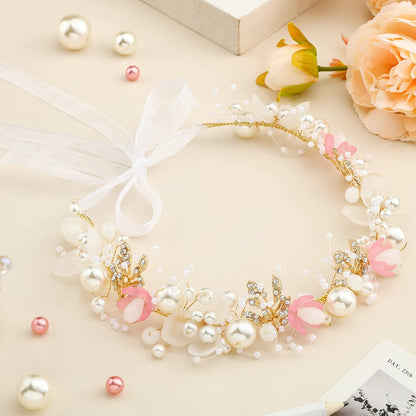 2 Pcs Flower Girl Pearl Headpiece Wedding Communion,Pink