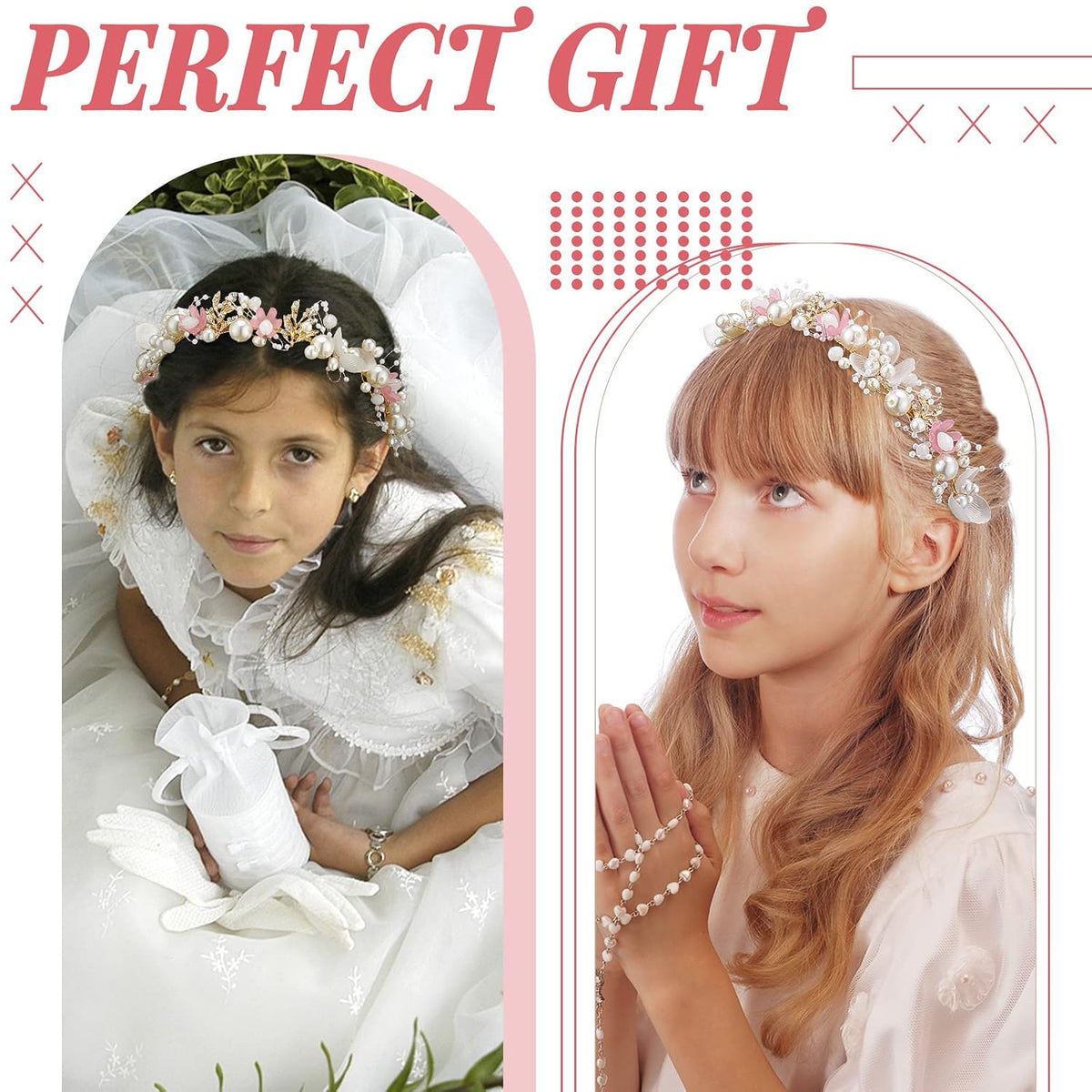 2 Pcs Flower Girl Pearl Headpiece Wedding Communion,Pink