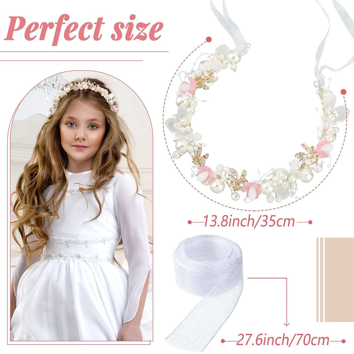 2 Pcs Flower Girl Pearl Headpiece Wedding Communion,Pink
