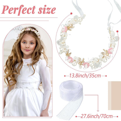 2 Pcs Flower Girl Pearl Headpiece Wedding Communion,Pink