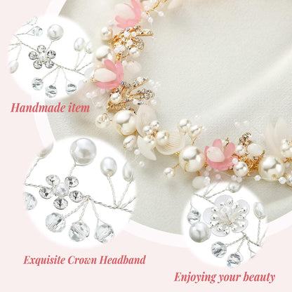 2 Pcs Flower Girl Pearl Headpiece Wedding Communion,Pink