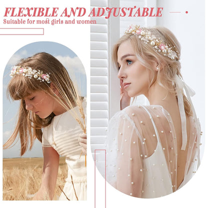 2 Pcs Flower Girl Pearl Headpiece Wedding Communion,Pink
