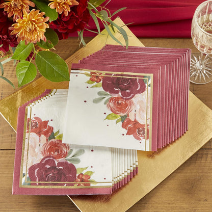 Burgundy Blush Floral Paper Napkins, Thick Decorative Dinner Napkins, Luncheon Serveware, Perfect for Wedding Reception Or Bridal Shower,Gold and burgundy