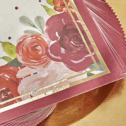 Burgundy Blush Floral Paper Napkins, Thick Decorative Dinner Napkins, Luncheon Serveware, Perfect for Wedding Reception Or Bridal Shower,Gold and burgundy