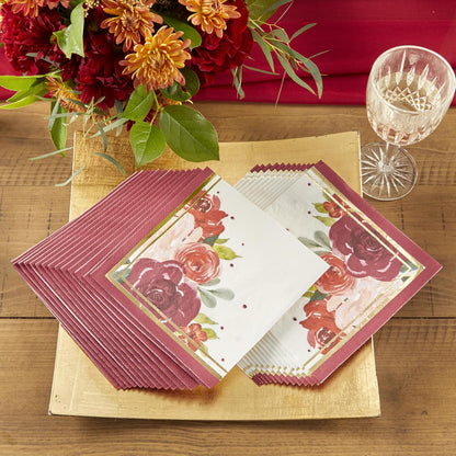 Burgundy Blush Floral Paper Napkins, Thick Decorative Dinner Napkins, Luncheon Serveware, Perfect for Wedding Reception Or Bridal Shower,Gold and burgundy