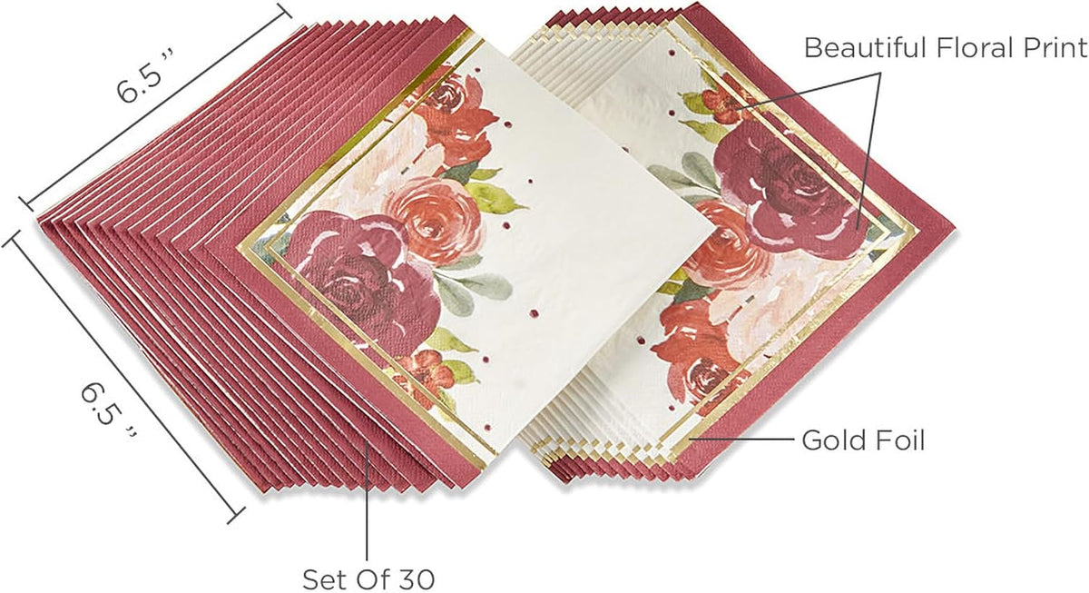 Burgundy Blush Floral Paper Napkins, Thick Decorative Dinner Napkins, Luncheon Serveware, Perfect for Wedding Reception Or Bridal Shower,Gold and burgundy