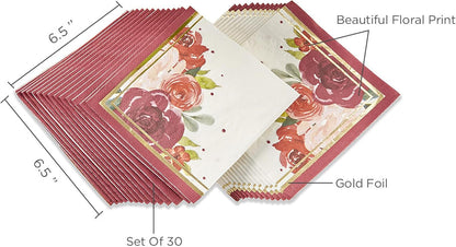 Burgundy Blush Floral Paper Napkins, Thick Decorative Dinner Napkins, Luncheon Serveware, Perfect for Wedding Reception Or Bridal Shower,Gold and burgundy