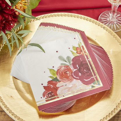 Burgundy Blush Floral Paper Napkins, Thick Decorative Dinner Napkins, Luncheon Serveware, Perfect for Wedding Reception Or Bridal Shower,Gold and burgundy