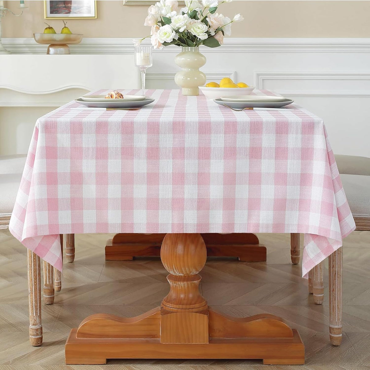 Spring Pink Gingham Table Cloth Rectangle Tables Buffalo Plaid Checkered Tablecloth Cotton Linen Farmhouse Tablecloths Washable Wrinkle Free for Picnic Kitchen, 60"x75" 4-6 Seats