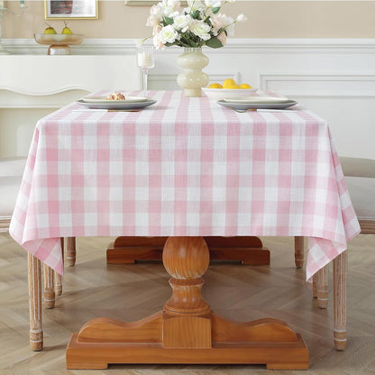 Spring Pink Gingham Table Cloth Rectangle Tables Buffalo Plaid Checkered Tablecloth Cotton Linen Farmhouse Tablecloths Washable Wrinkle Free for Picnic Kitchen, 60"x75" 4-6 Seats