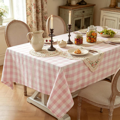 Spring Pink Gingham Table Cloth Rectangle Tables Buffalo Plaid Checkered Tablecloth Cotton Linen Farmhouse Tablecloths Washable Wrinkle Free for Picnic Kitchen, 60"x75" 4-6 Seats