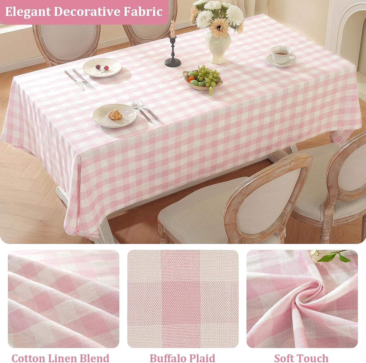 Spring Pink Gingham Table Cloth Rectangle Tables Buffalo Plaid Checkered Tablecloth Cotton Linen Farmhouse Tablecloths Washable Wrinkle Free for Picnic Kitchen, 60"x75" 4-6 Seats