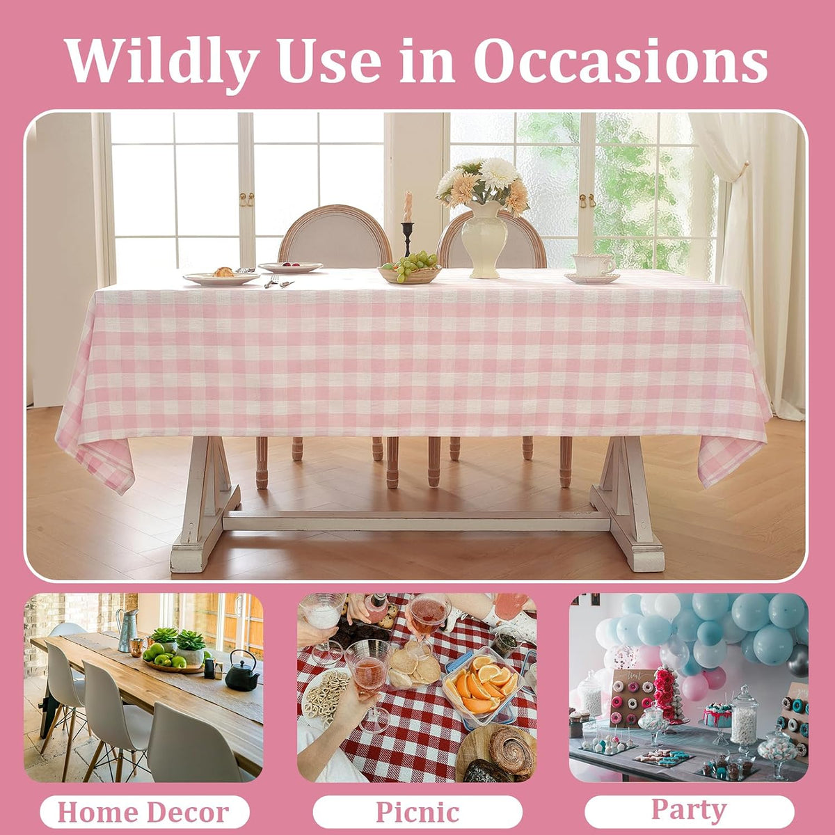 Spring Pink Gingham Table Cloth Rectangle Tables Buffalo Plaid Checkered Tablecloth Cotton Linen Farmhouse Tablecloths Washable Wrinkle Free for Picnic Kitchen, 60"x75" 4-6 Seats