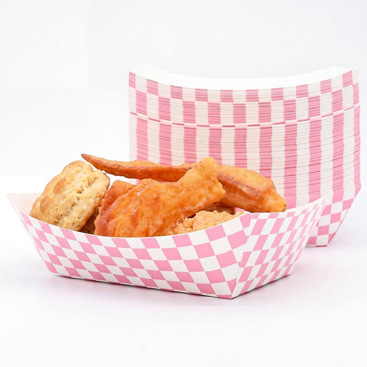 No Folding Required 50 Pcs 2lb Gingham Party Supplies Disposable Paper Food Trays for Shower Wedding Tea Party Supplies Nacho Snack (Light Pink)