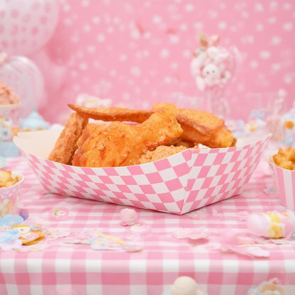 No Folding Required 50 Pcs 2lb Gingham Party Supplies Disposable Paper Food Trays for Shower Wedding Tea Party Supplies Nacho Snack (Light Pink)