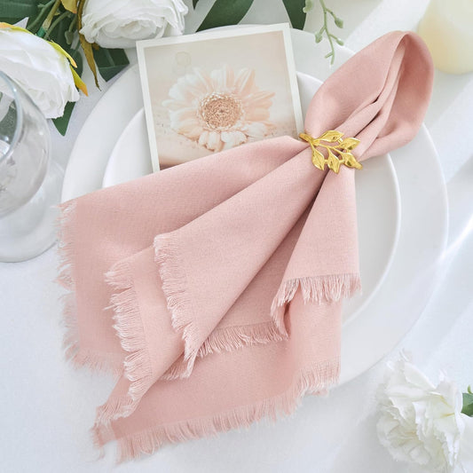 Handmade Cotton Linen Napkins Cloth with Fringes Set of 4 17"x17" Dusty Pink Boho Dinner Table Napkins Bulk for Wedding Party Bridal Baby Shower Decoration
