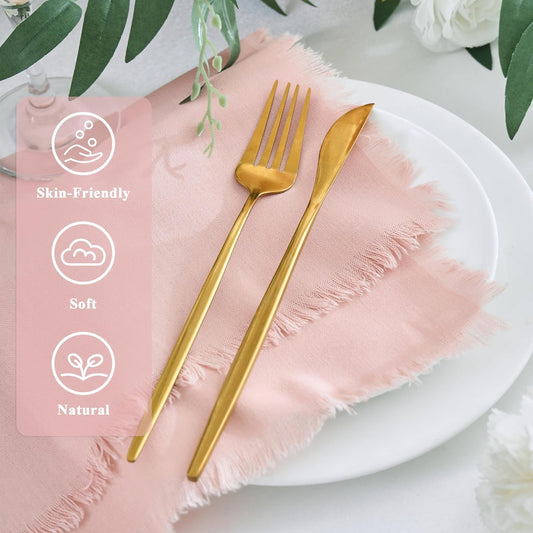 Handmade Cotton Linen Napkins Cloth with Fringes Set of 4 17"x17" Dusty Pink Boho Dinner Table Napkins Bulk for Wedding Party Bridal Baby Shower Decoration