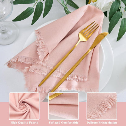 Handmade Cotton Linen Napkins Cloth with Fringes Set of 4 17"x17" Dusty Pink Boho Dinner Table Napkins Bulk for Wedding Party Bridal Baby Shower Decoration