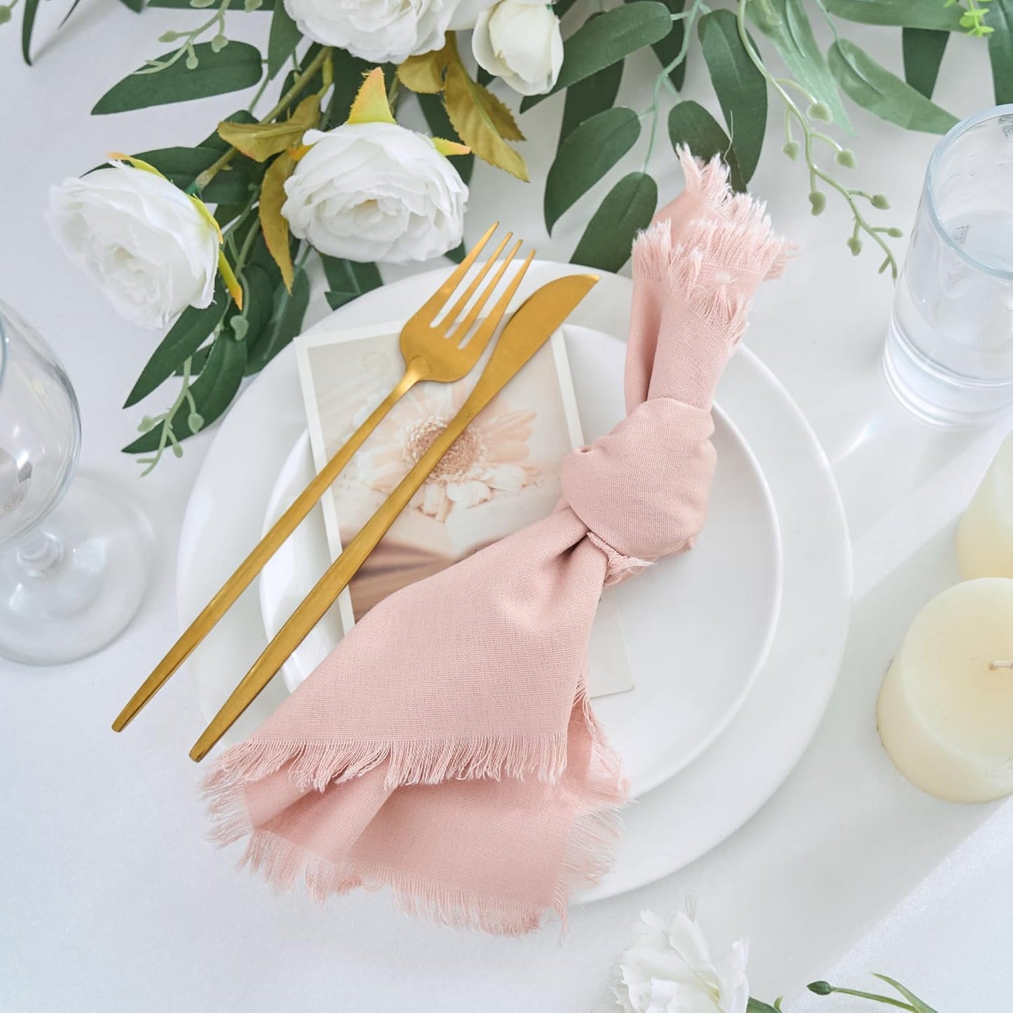 Handmade Cotton Linen Napkins Cloth with Fringes Set of 4 17"x17" Dusty Pink Boho Dinner Table Napkins Bulk for Wedding Party Bridal Baby Shower Decoration