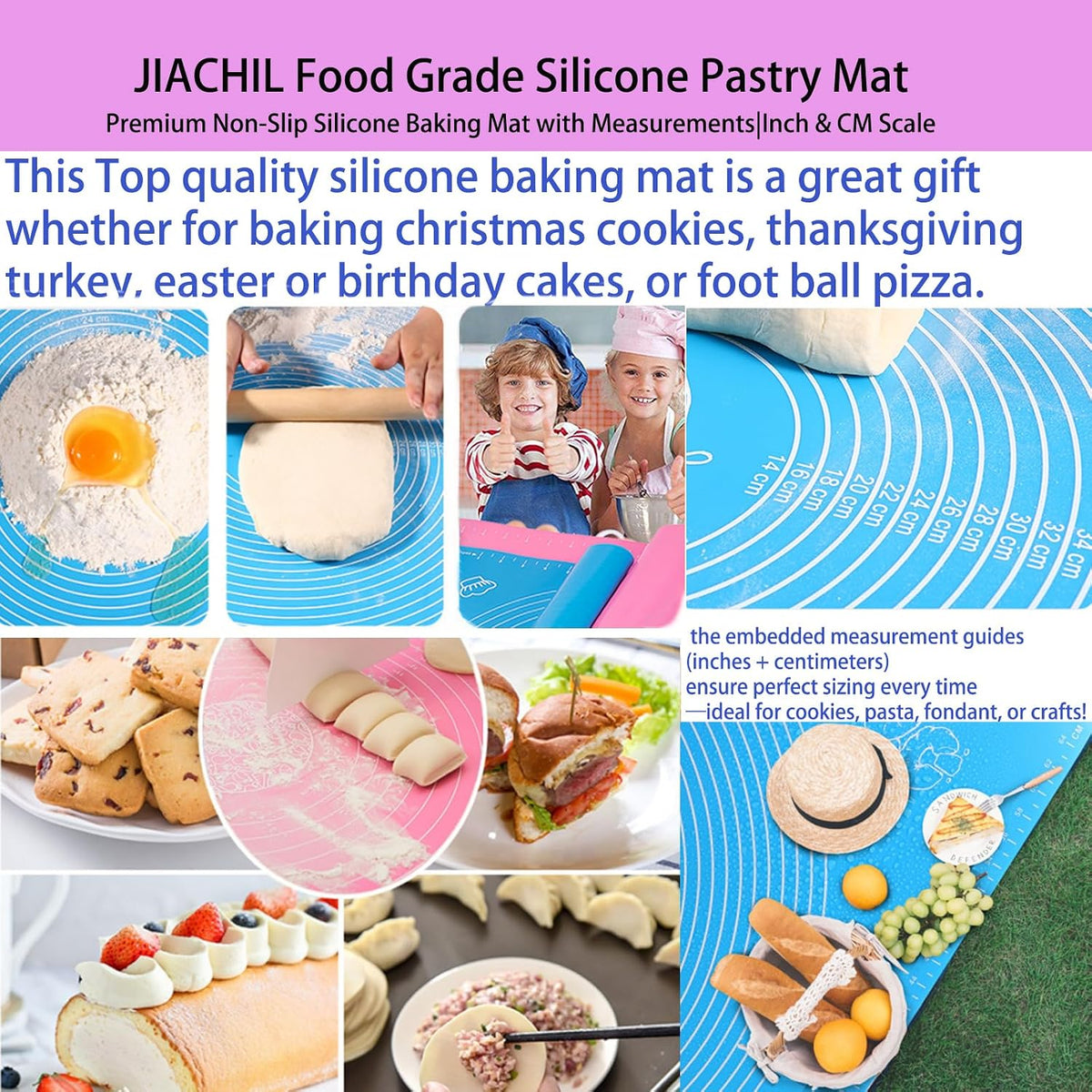 Silicone Baking Mat with Measurements, Non-Slip Non Stick Pastry Mat Sheetfor for Dough,Pastry, Bread, Cookies, Pizza, Fondant, Pasta
