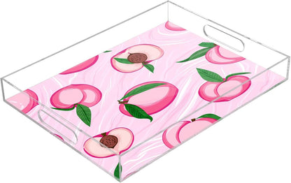 Pink Peaches Clear Acrylic Serving Tray Decorative Acrylic Trays for Breakfast, Bathroom Desk Organizer Storage Tray (15.7"x11.8")
