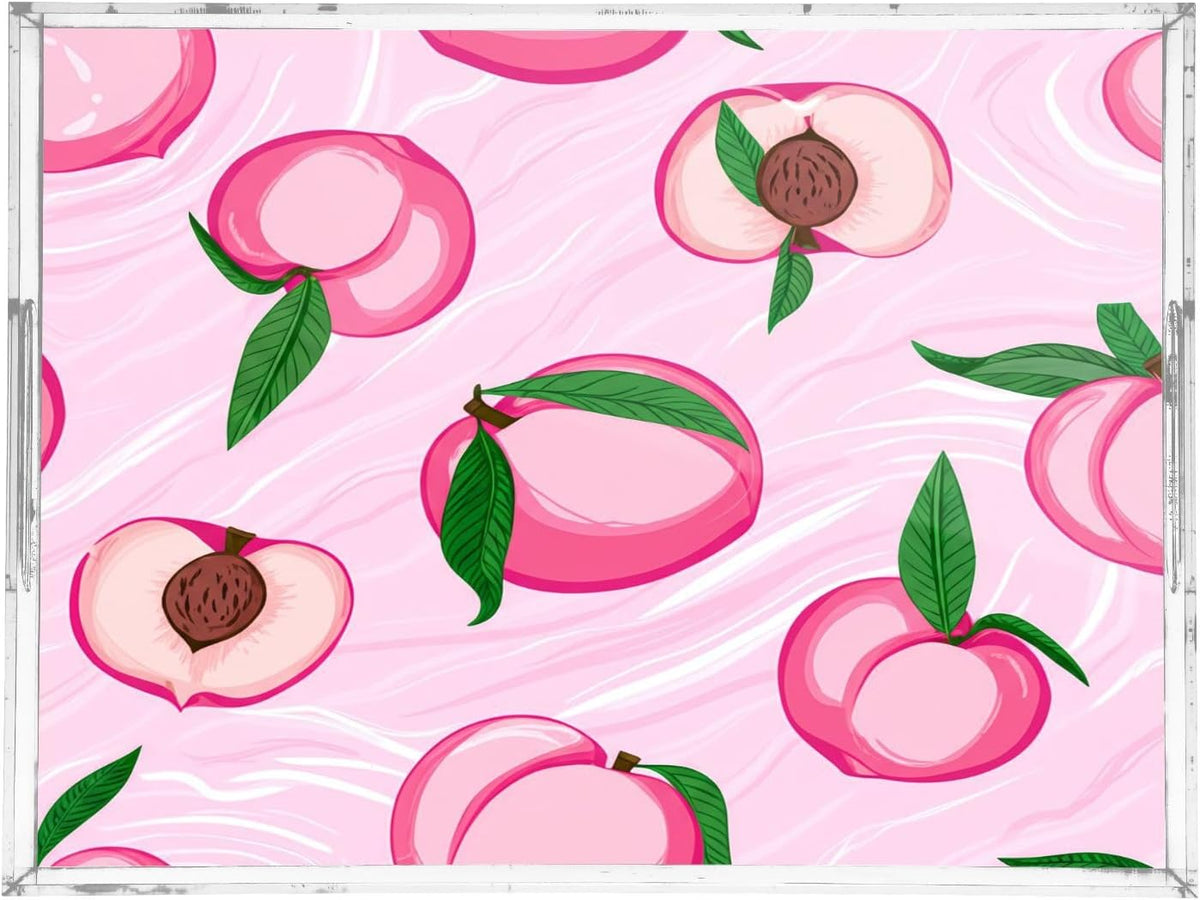 Pink Peaches Clear Acrylic Serving Tray Decorative Acrylic Trays for Breakfast, Bathroom Desk Organizer Storage Tray (15.7"x11.8")